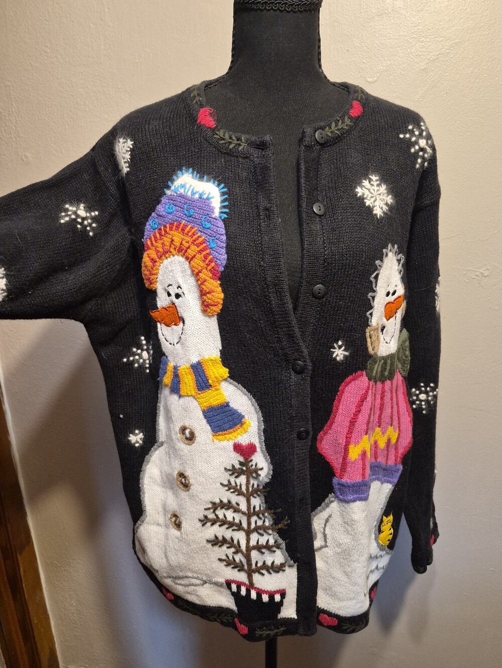 Vintage Sweater The Quaker Factory Grandma Snowman Cat Black Size LARGE